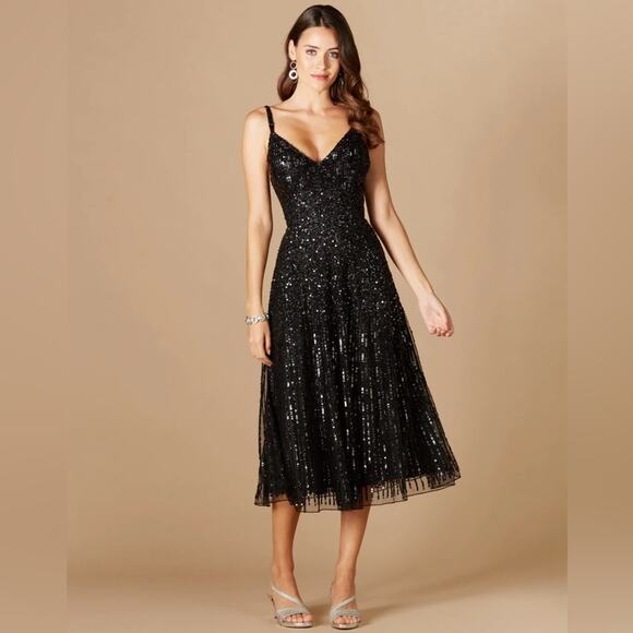NWT LARA Black Sequin Midi Dress Style 29347 | Size 6 Cocktail Formal - Picture 2 of 13